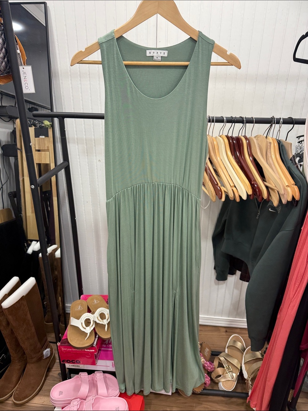 HYFVE Sage Green Sleeveless Maxi Dress with pockets and front slits Medium